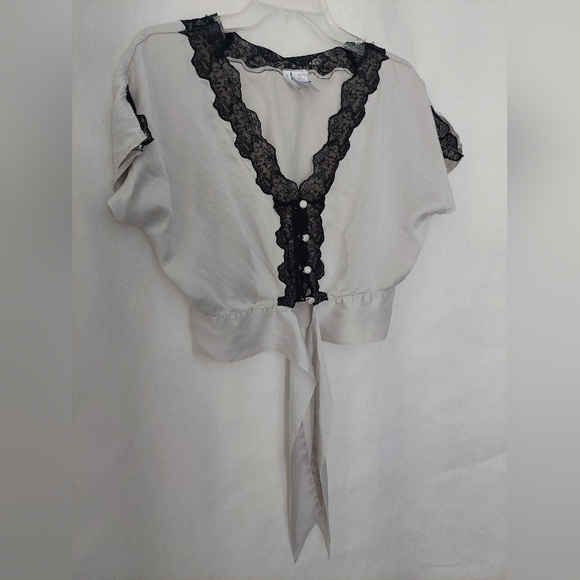 Willow Blossom Tops - Willow Blossom Silk Grey Blouse with Black Lace Trim Size M